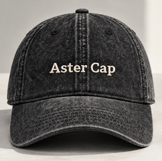 Aster Cap 正面展示，黑色水洗帽身搭配浅色刺绣