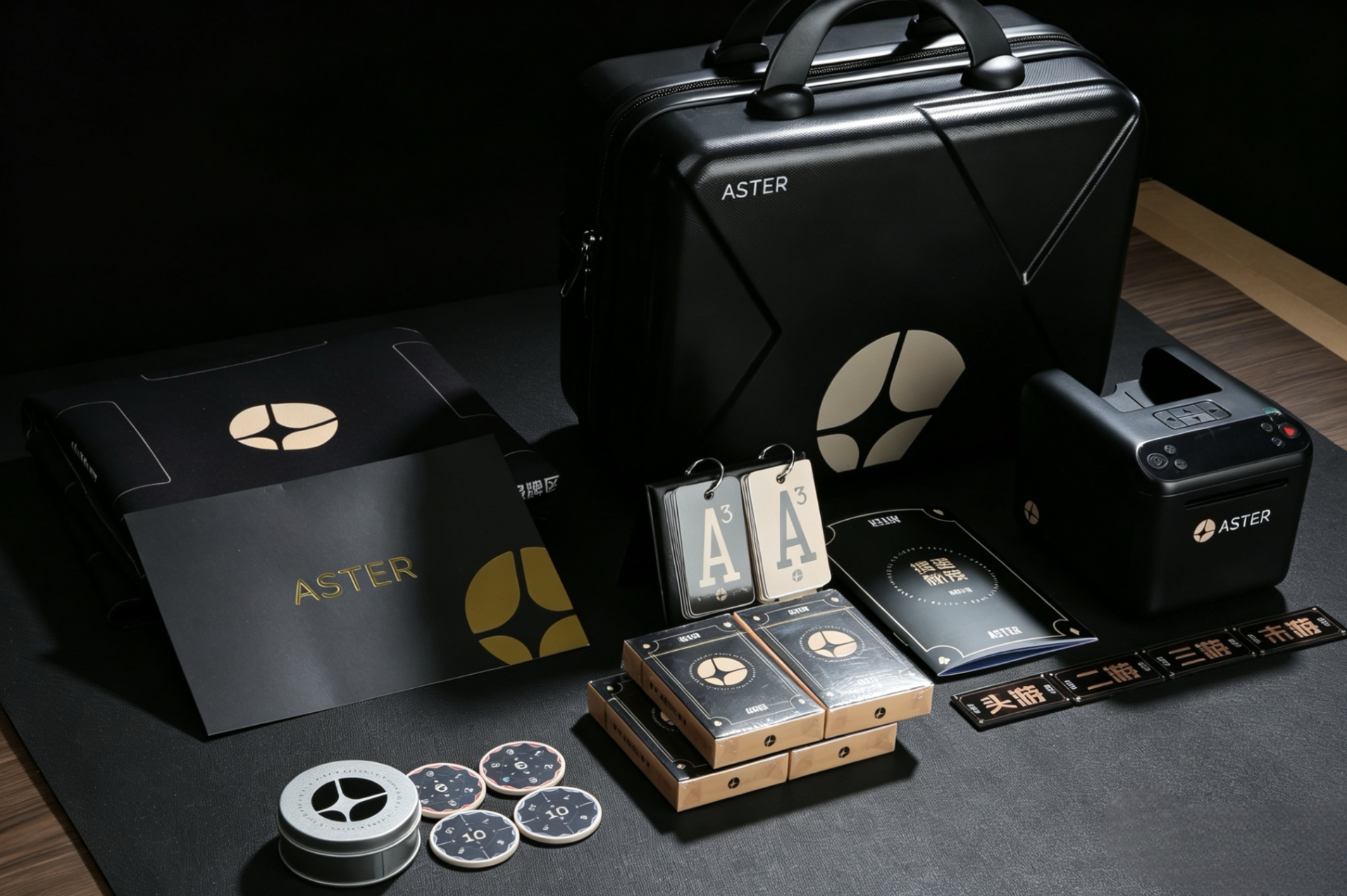 Aster 掼蛋套装完整展示，包含手提箱、扑克牌、计分配件与自动发牌设备