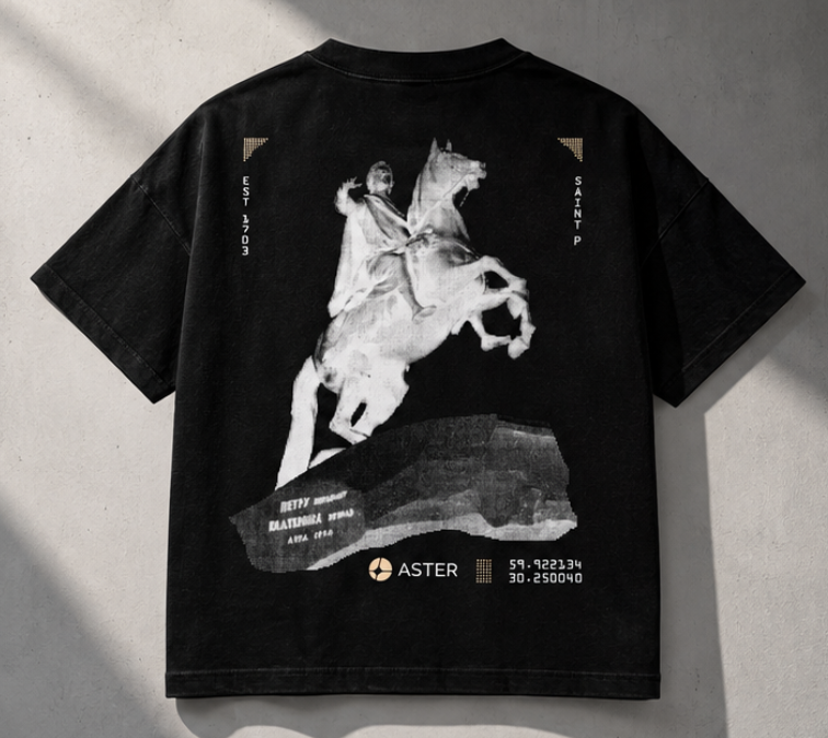 Aster限定T恤001背面平铺展示，黑色衣身搭配骑士主题图案